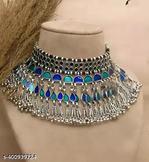 Tehzeeb Creations Women's Silver Colour Oxidised Necklace Set With Blue Colour Meenakari Work Tehzeeb Creations