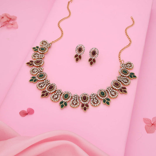 Tehzeeb Creations Gold-Polished Green And Maroon Colour Choker With Dangle Earrings
