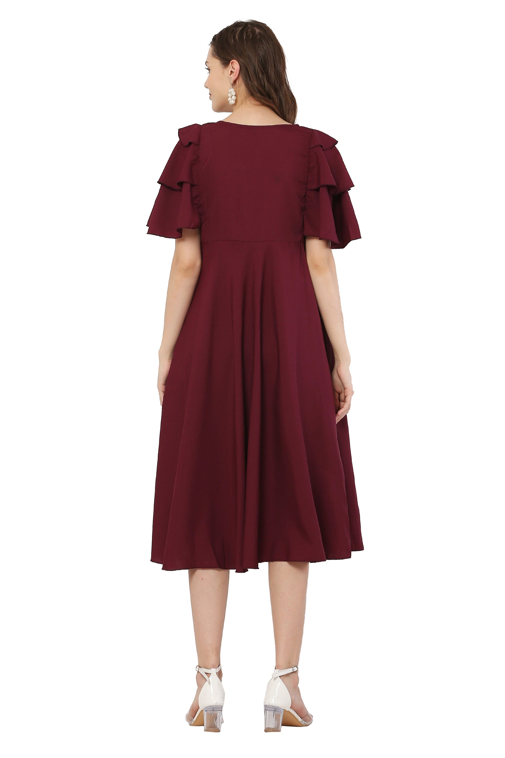PAVONINE Maroon Color Crepe Fabric Embroidery Dress For Women