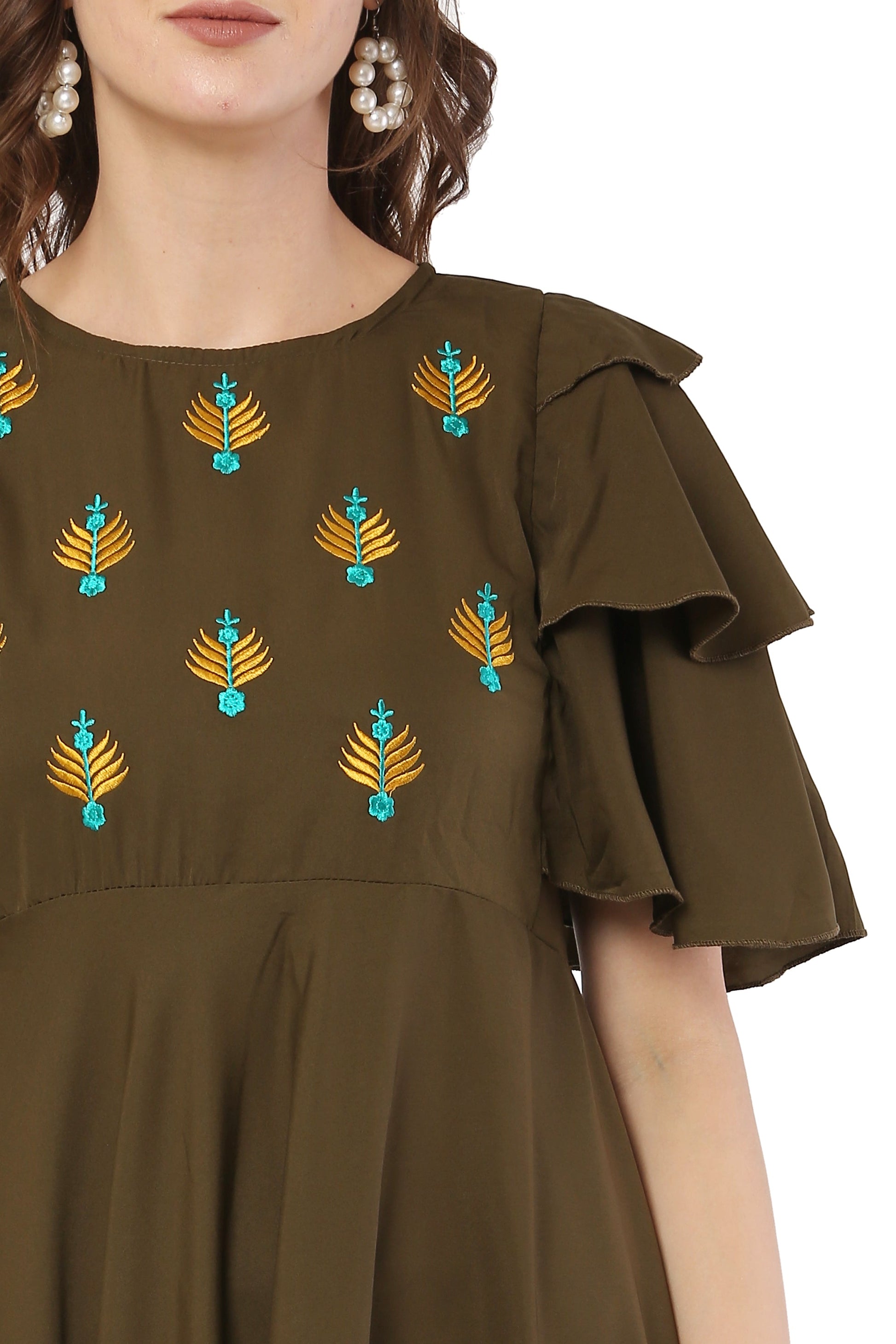PAVONINE Mehandi Green Color Crepe Fabric Embroidery Dress For Women