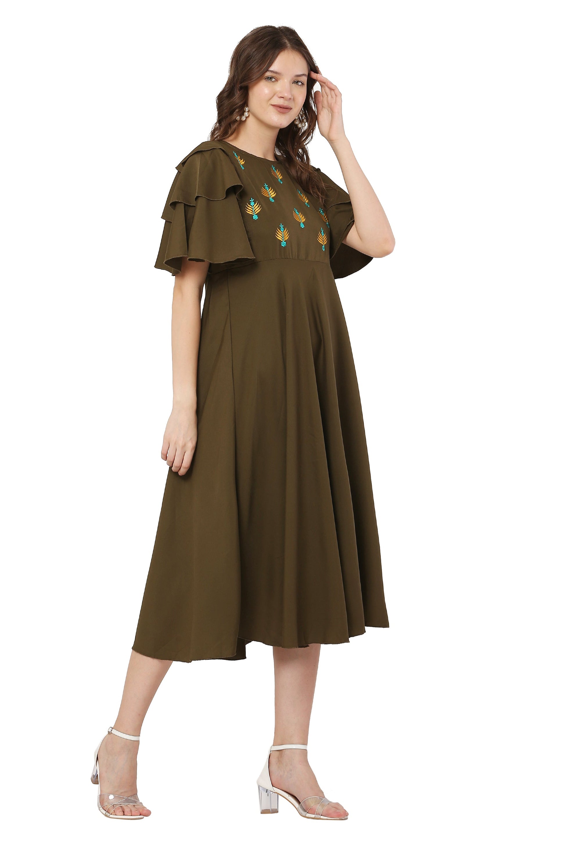 PAVONINE Mehandi Green Color Crepe Fabric Embroidery Dress For Women