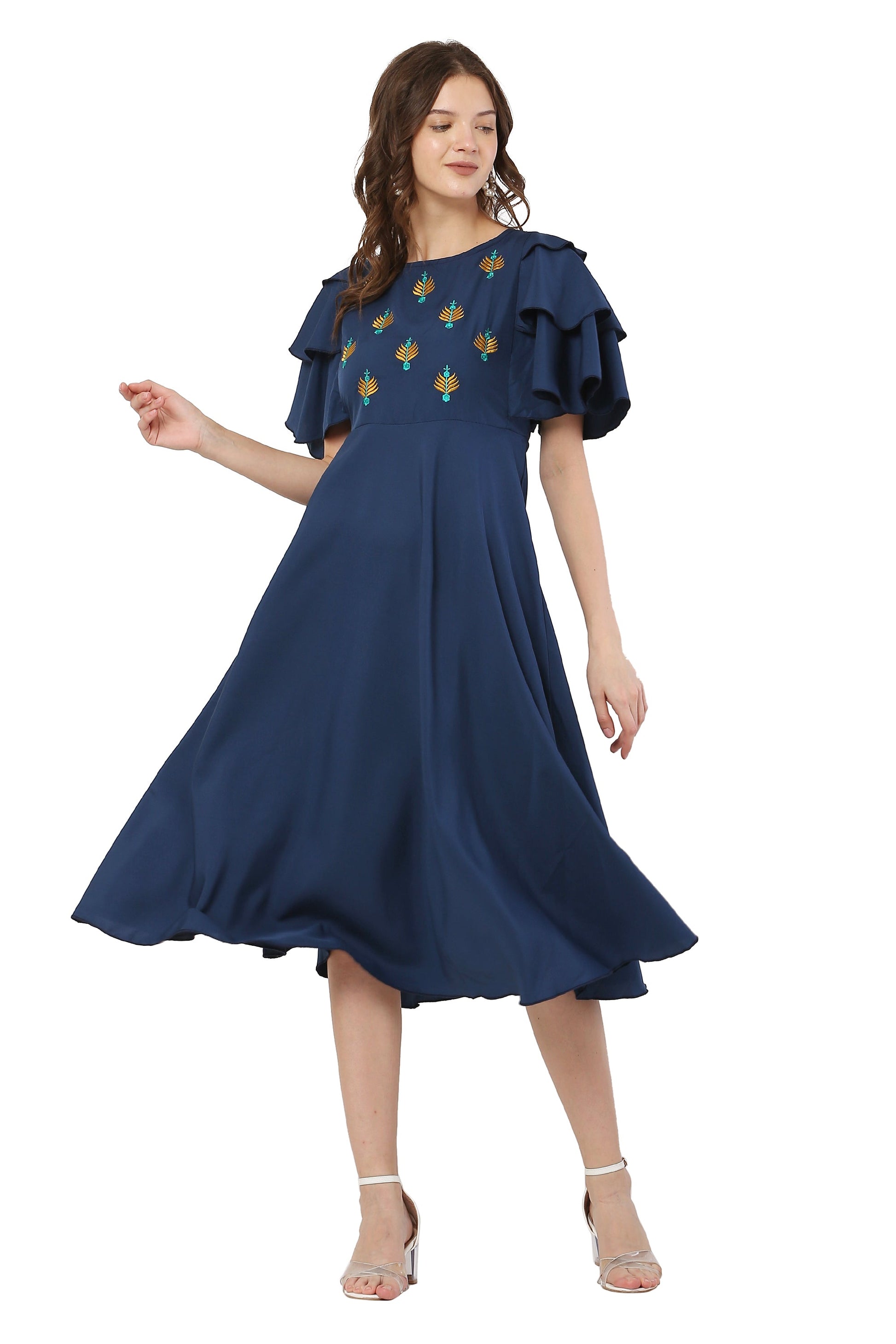PAVONINE Navy Blue Color Crepe Fabric Embroidery Dress For Women