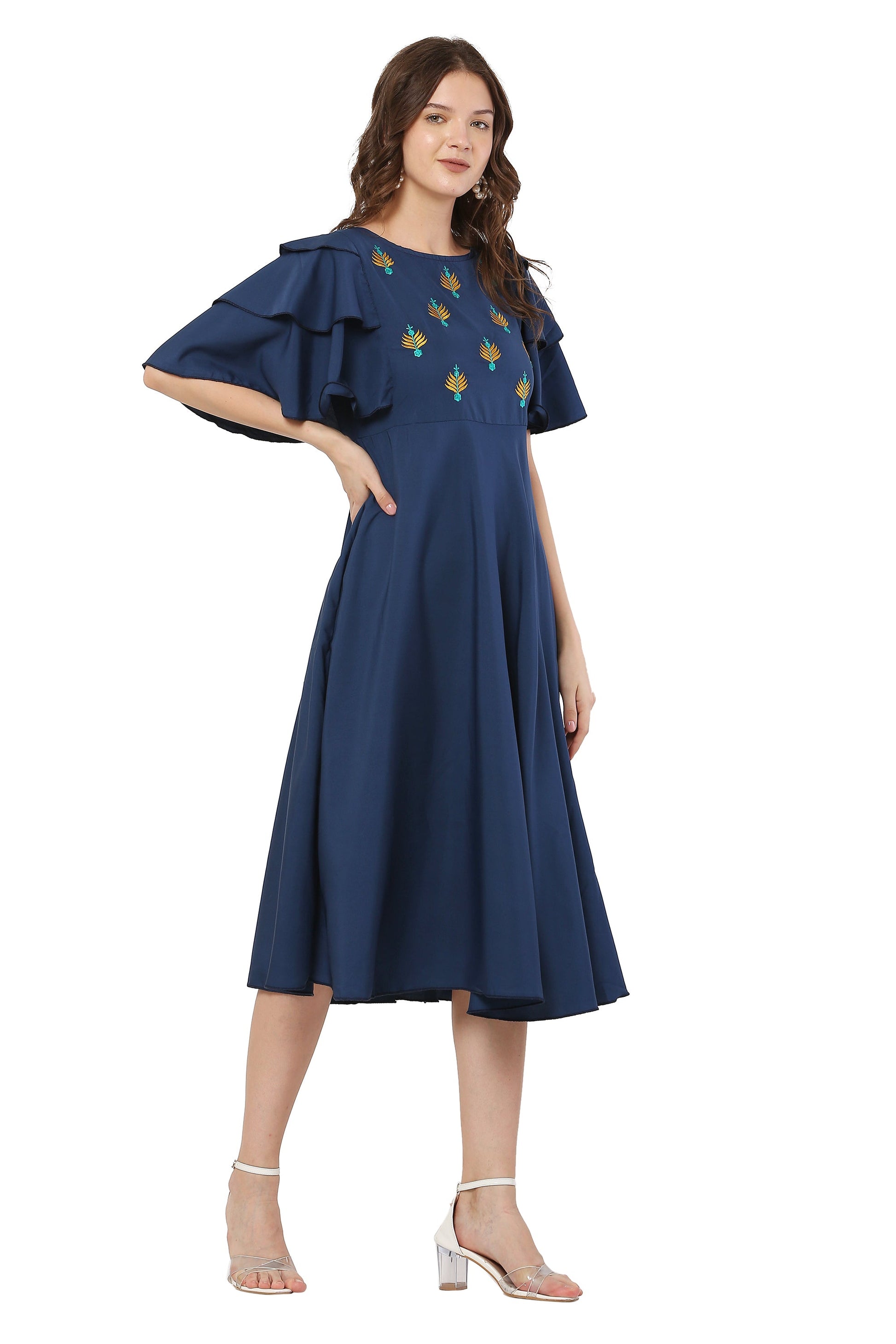 PAVONINE Navy Blue Color Crepe Fabric Embroidery Dress For Women