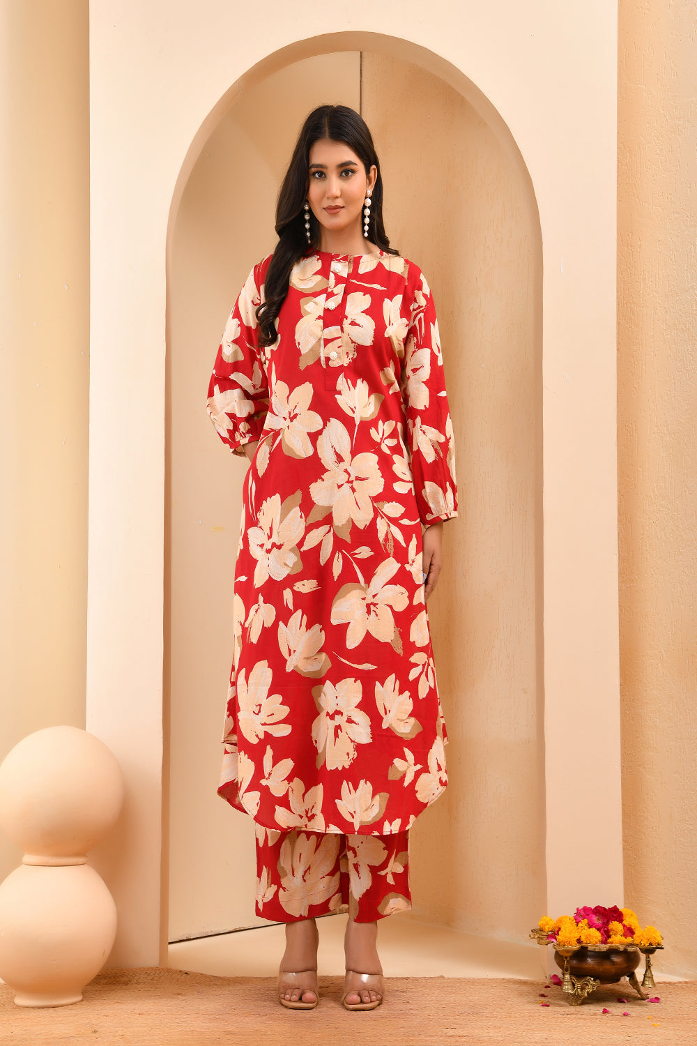 Vaasva Women Cherry Red Floral Aline Printed Cord Set 