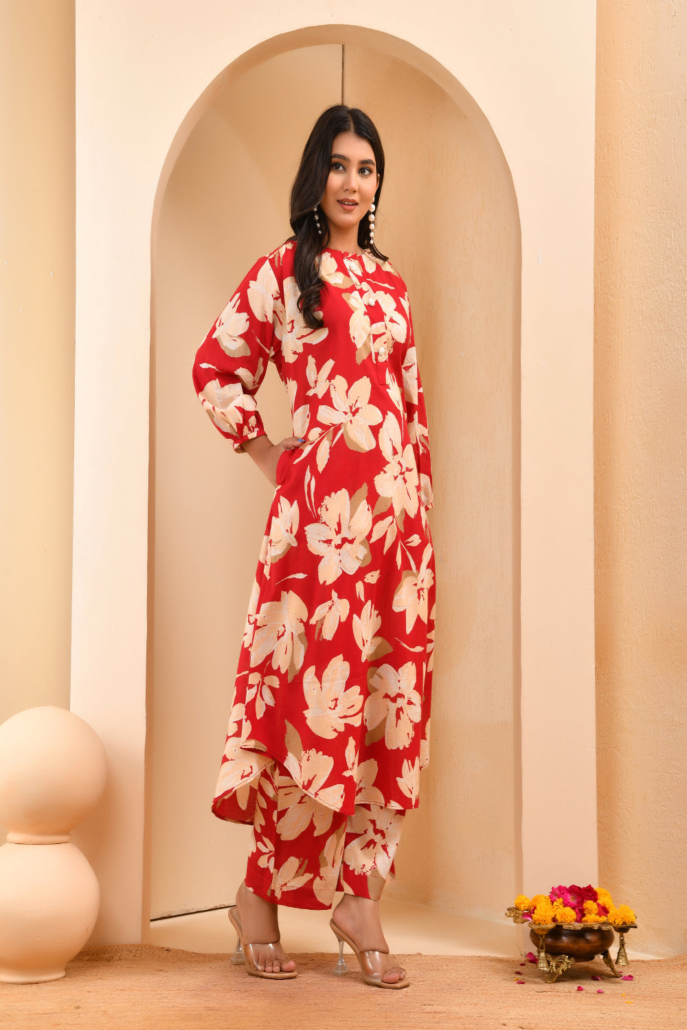 Vaasva Women Cherry Red Floral Aline Printed Cord Set 