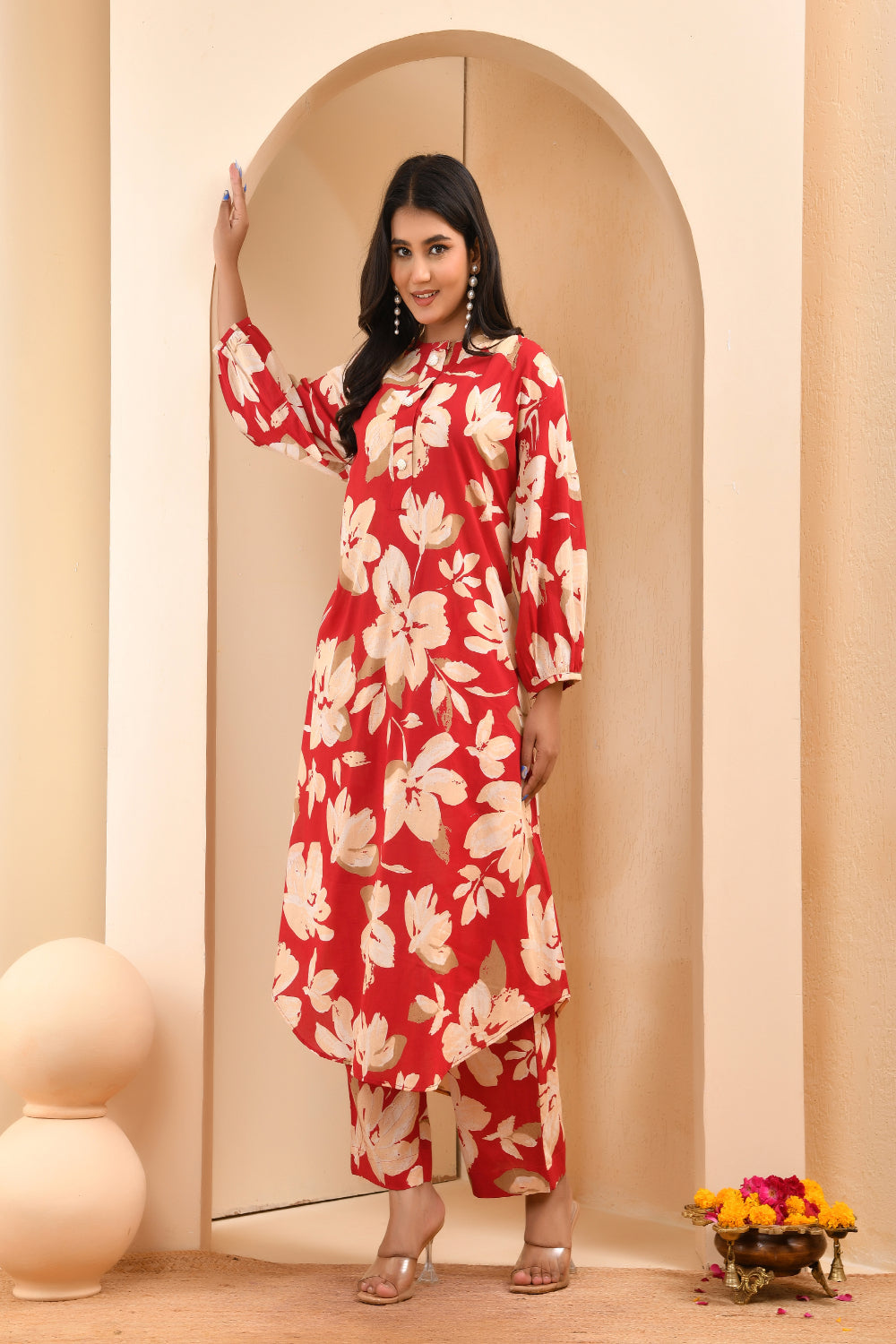 Vaasva Women Cherry Red Floral Aline Printed Cord Set 