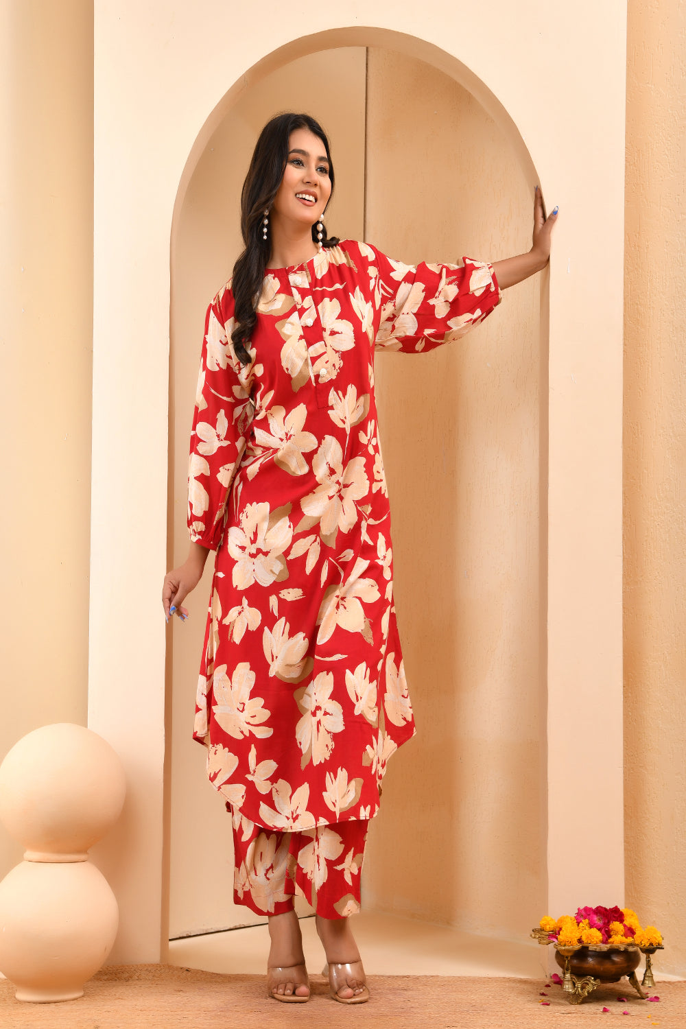 Vaasva Women Cherry Red Floral Aline Printed Cord Set 