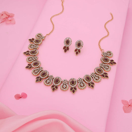 Tehzeeb Creations Gold-Polished Maroon Colour Choker With Dangle Earrings