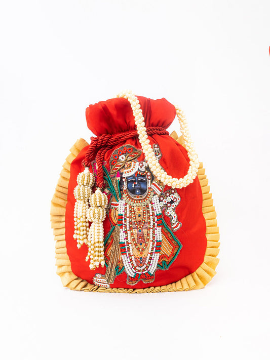 NR By Nidhi Rathi Red & White SHRINATHJI Embroidered Potli Clutch - Grab2buy