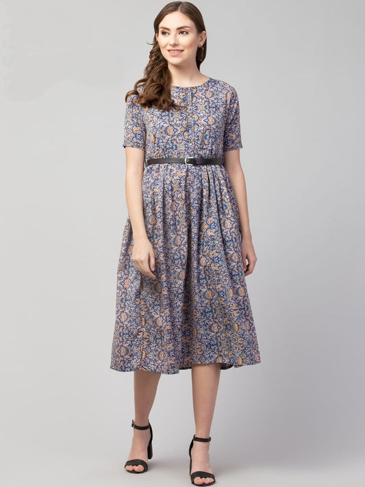PAVONINE Grey Color Jaipuri Print Belt Dress For Women