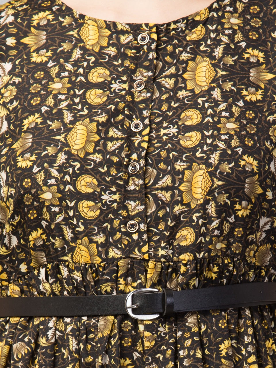 PAVONINE Yellow Color Jaipuri Print Belt Dress For Women