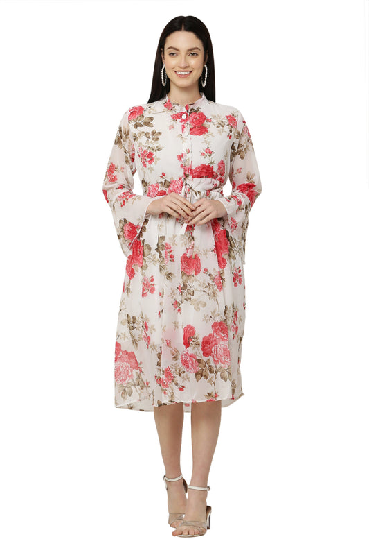 PAVONINE Pink Color Flower Printed Straight Dress For Women