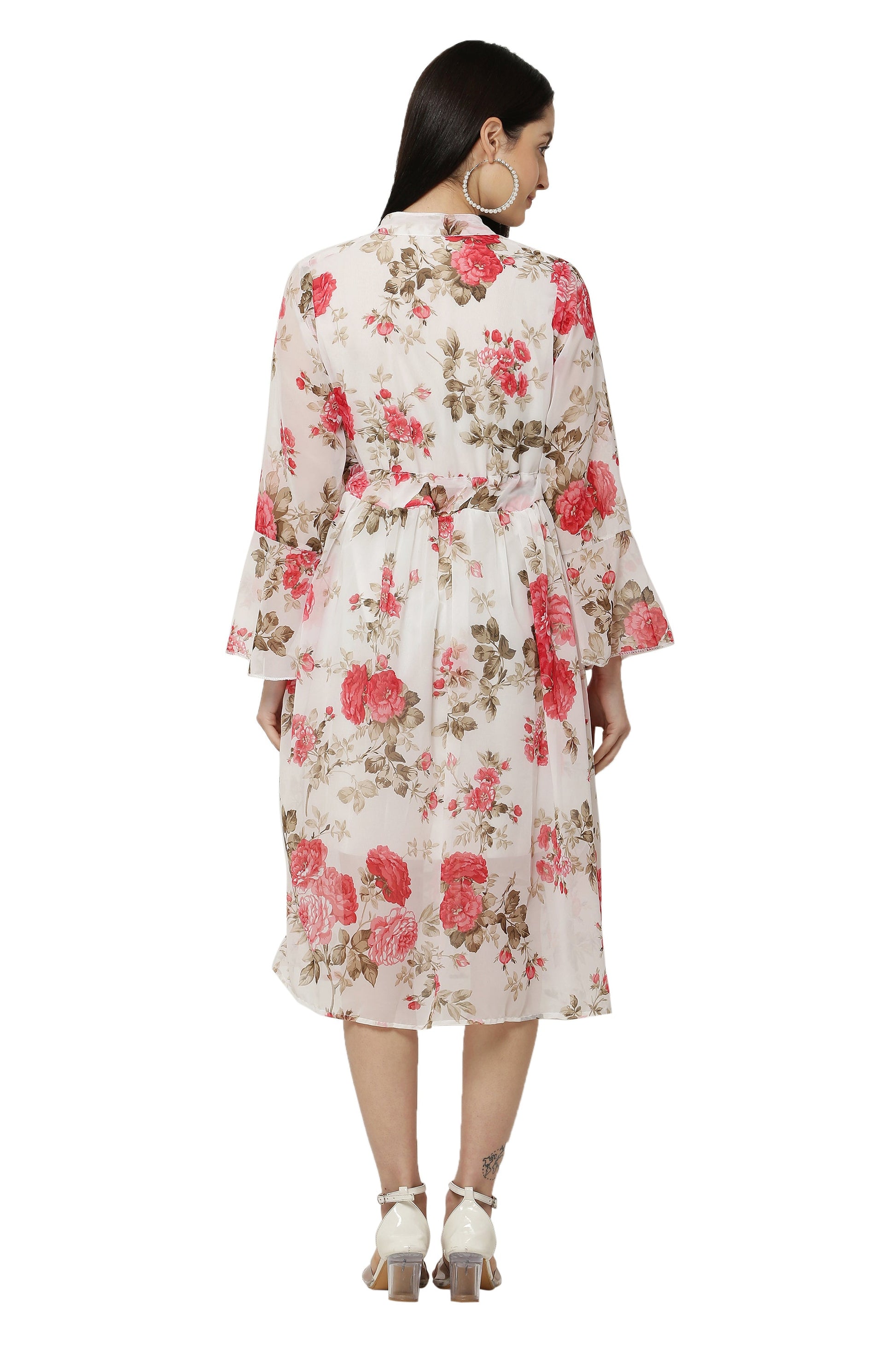 PAVONINE Pink Color Flower Printed Straight Dress For Women