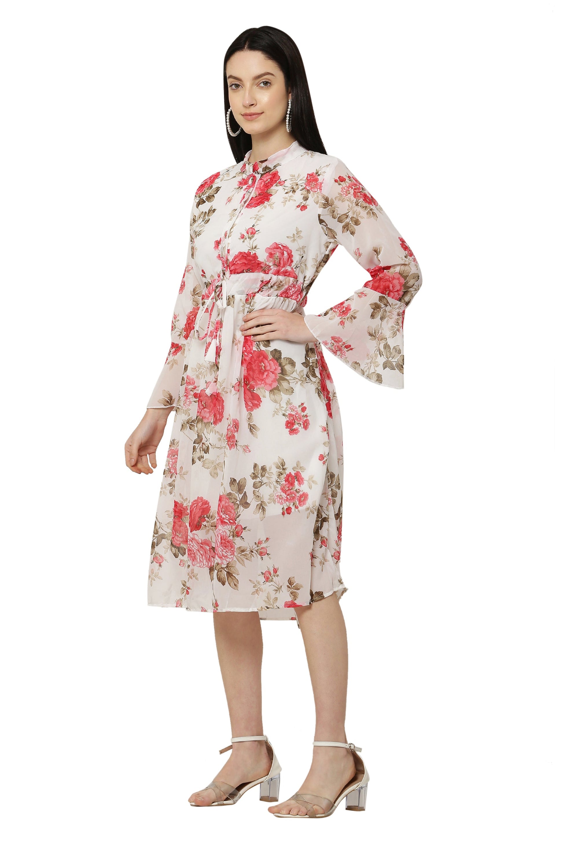 PAVONINE Pink Color Flower Printed Straight Dress For Women