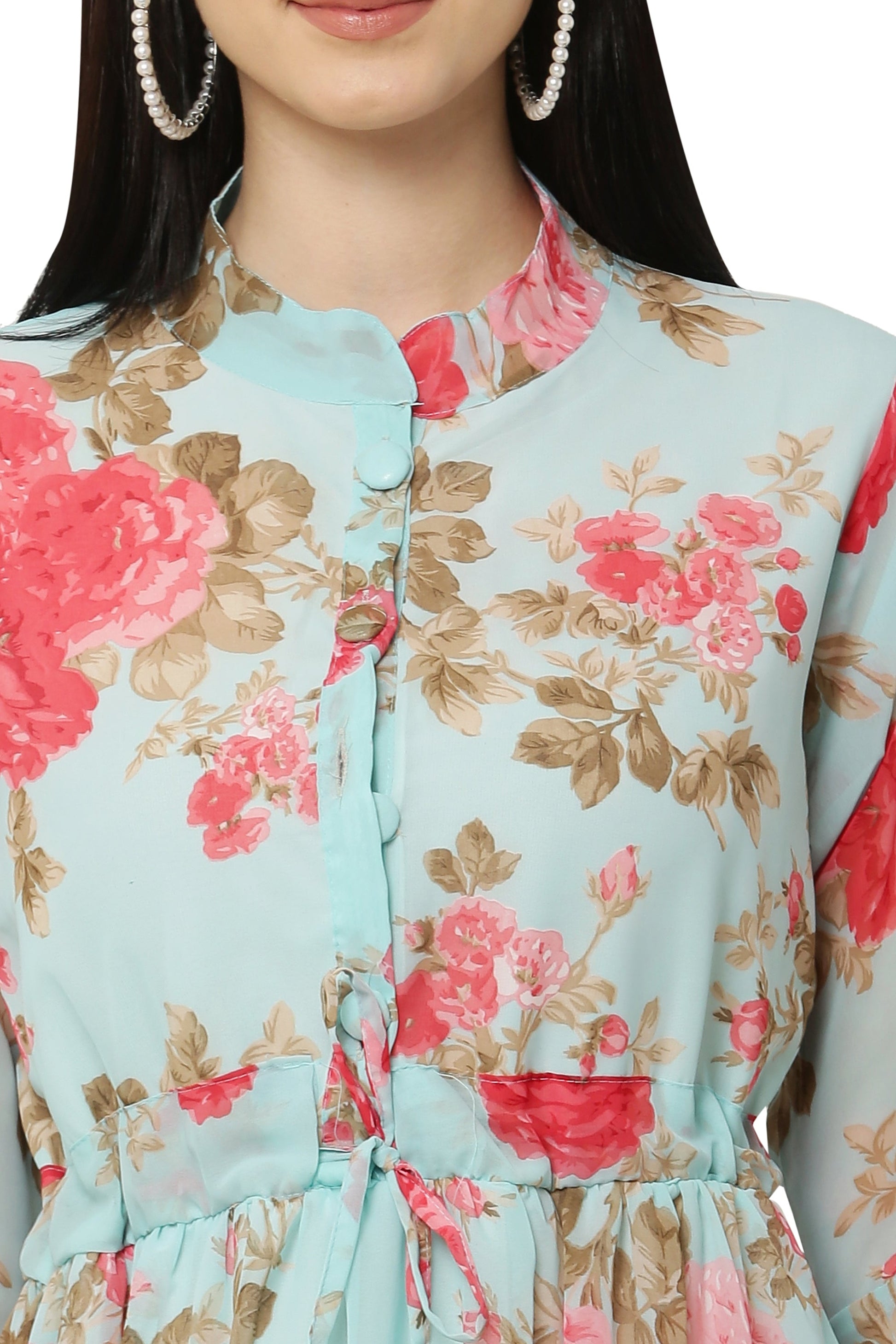PAVONINE Rama Green Color Flower Printed Straight Dress For Women