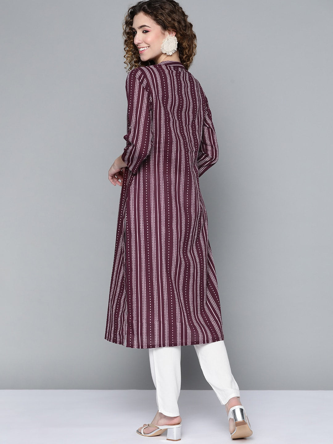 HERE&NOW Women Burgundy & White Printed Kurta