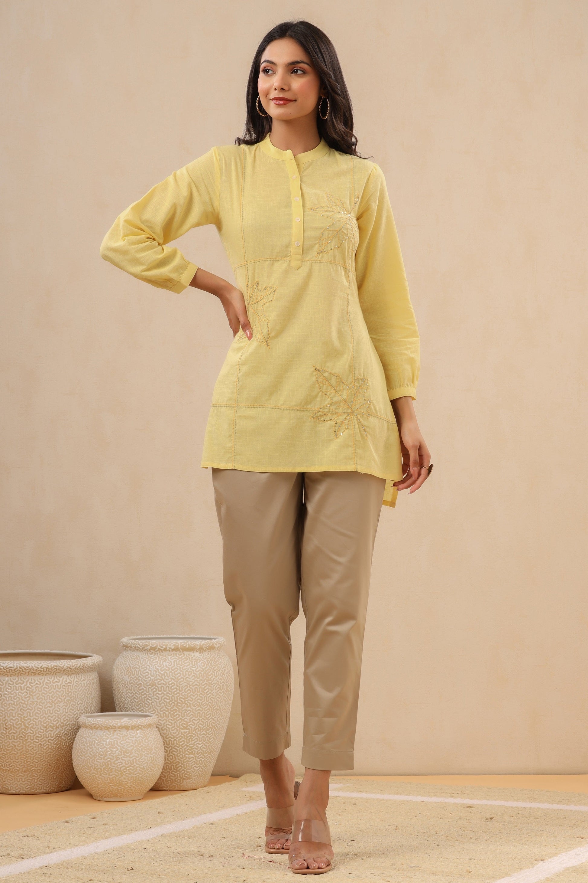 Juniper Womens Yellow Cotton Slub Embroidered High Low Tunic 
