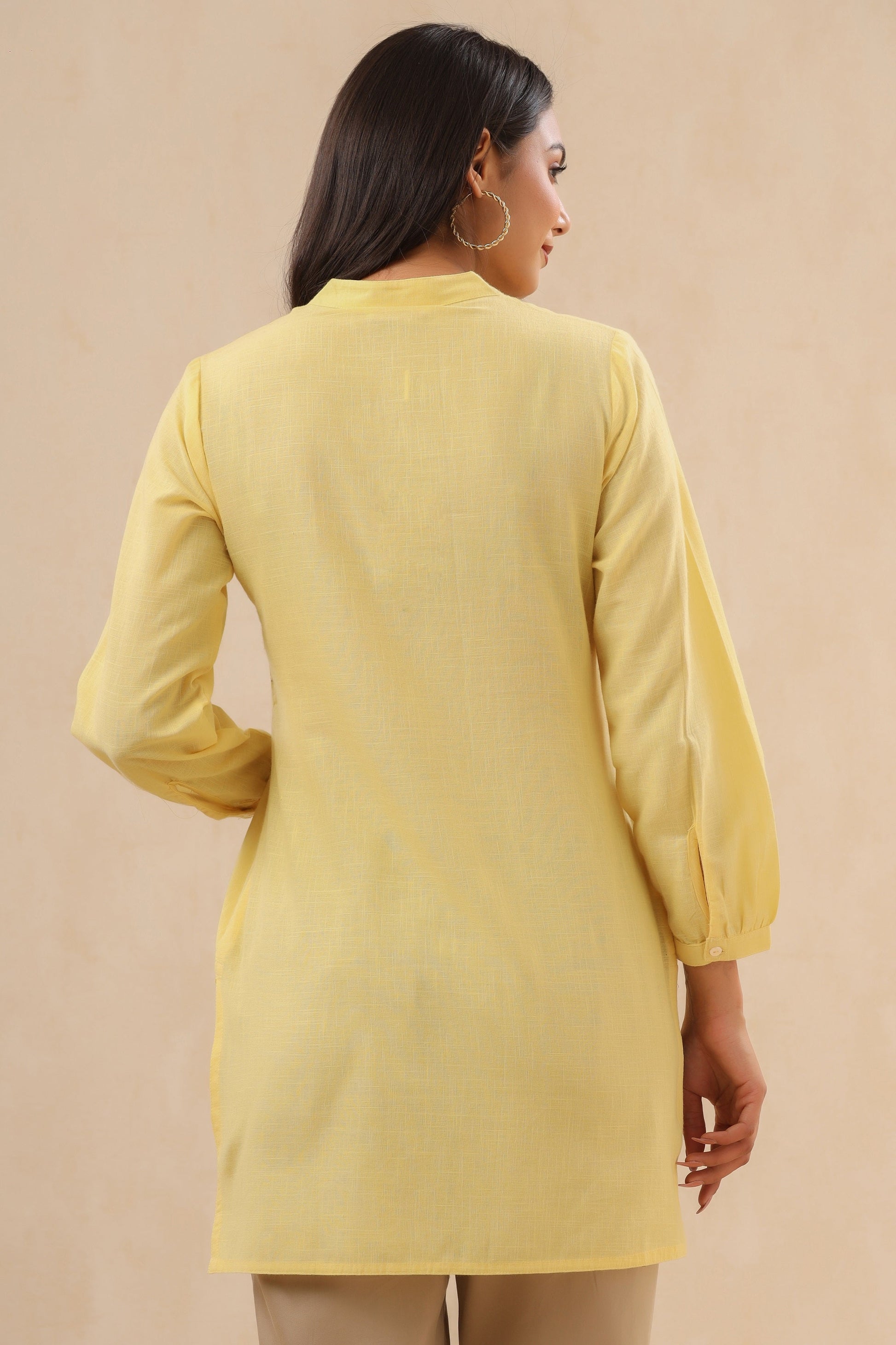 Juniper Womens Yellow Cotton Slub Embroidered High Low Tunic 