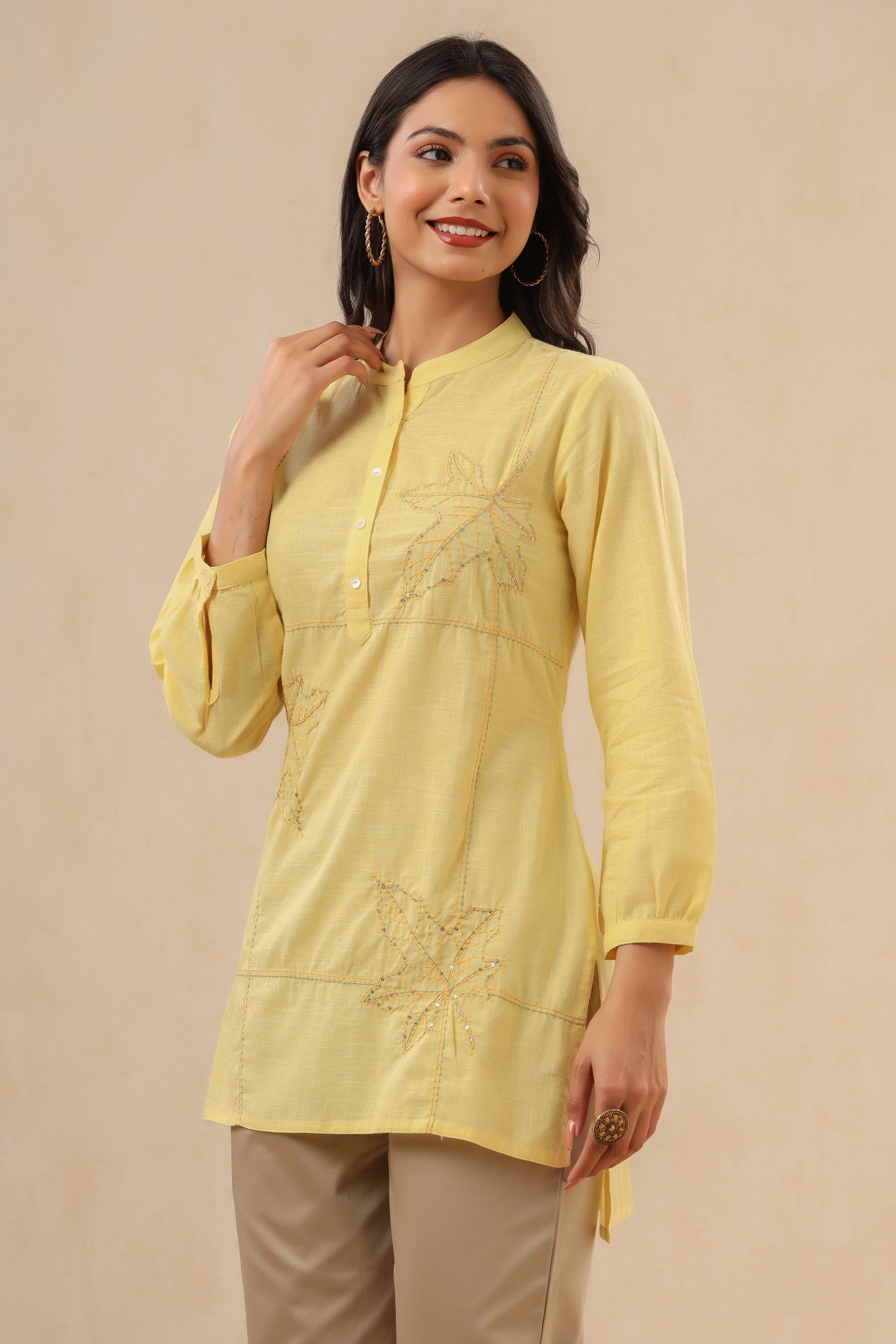 Juniper Womens Yellow Cotton Slub Embroidered High Low Tunic 
