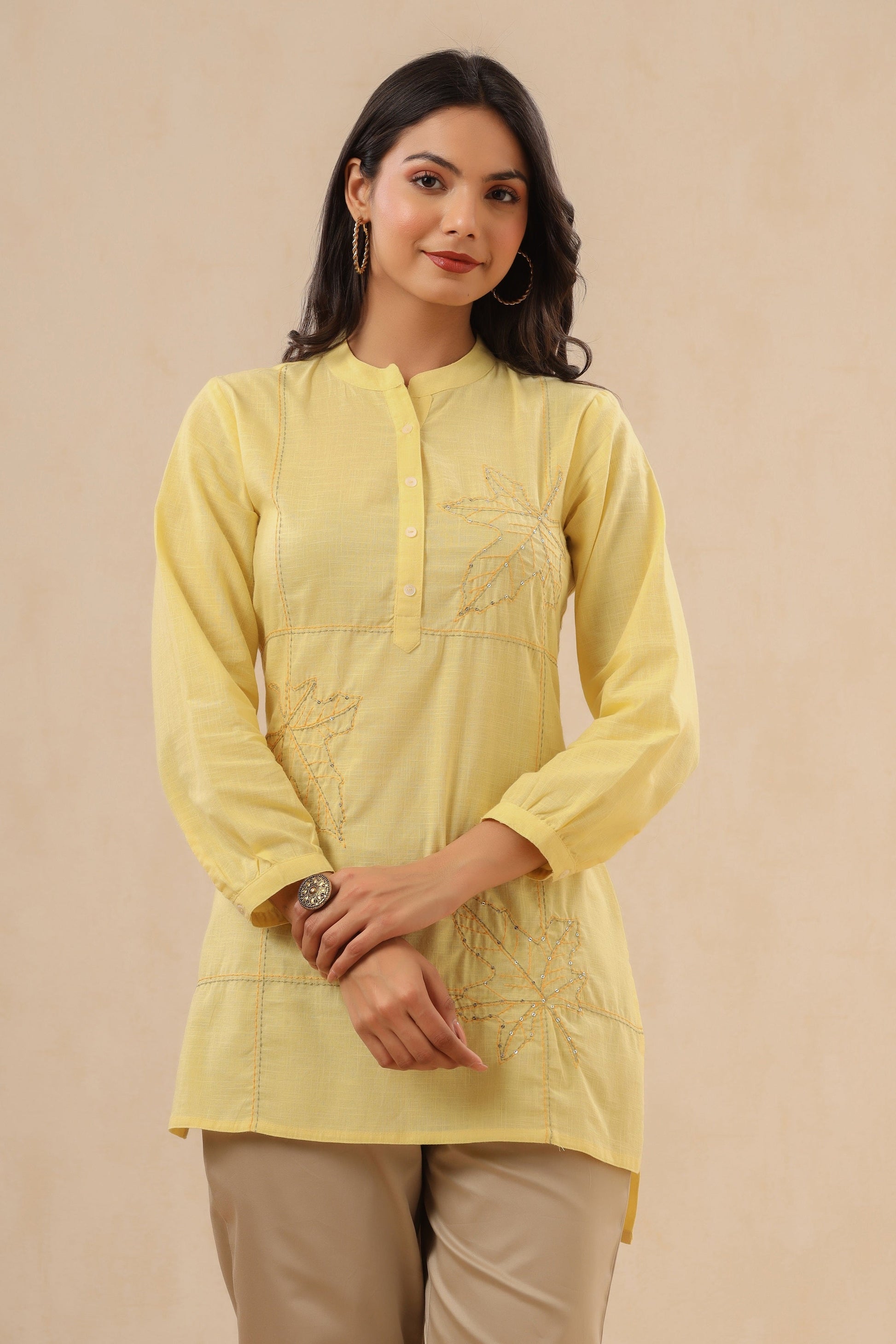 Juniper Womens Yellow Cotton Slub Embroidered High Low Tunic 