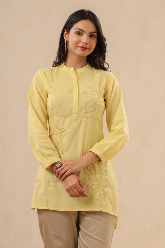 Juniper Womens Yellow Cotton Slub Embroidered High Low Tunic 
