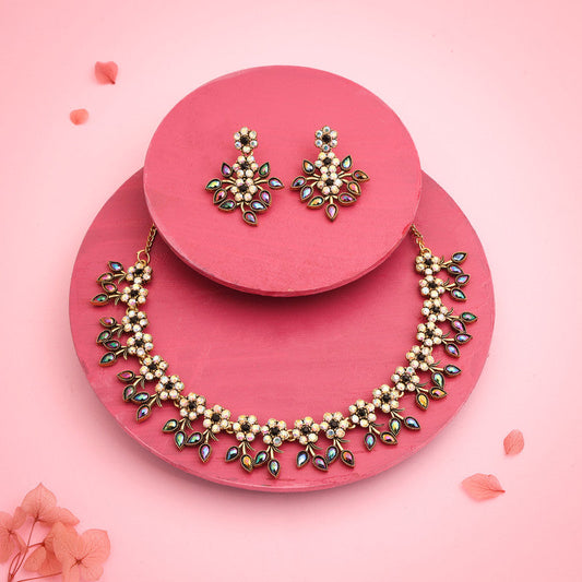 Tehzeeb Creations Gold-Polished Black Colour Choker With Dangle Earrings