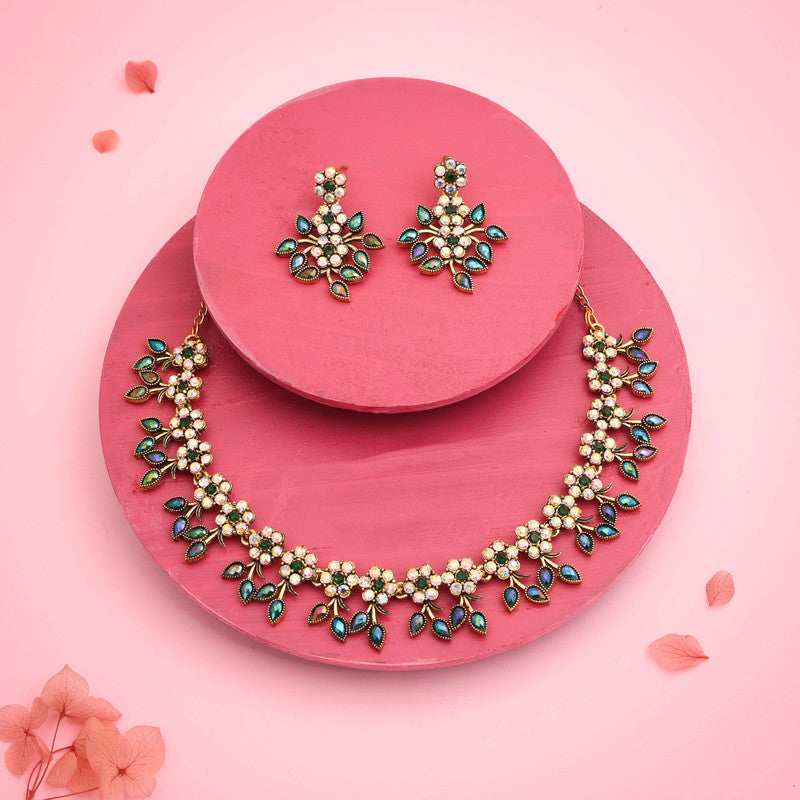 Tehzeeb Creations Gold-Polished Green Colour Choker With Dangle Earrings Tehzeeb Creations