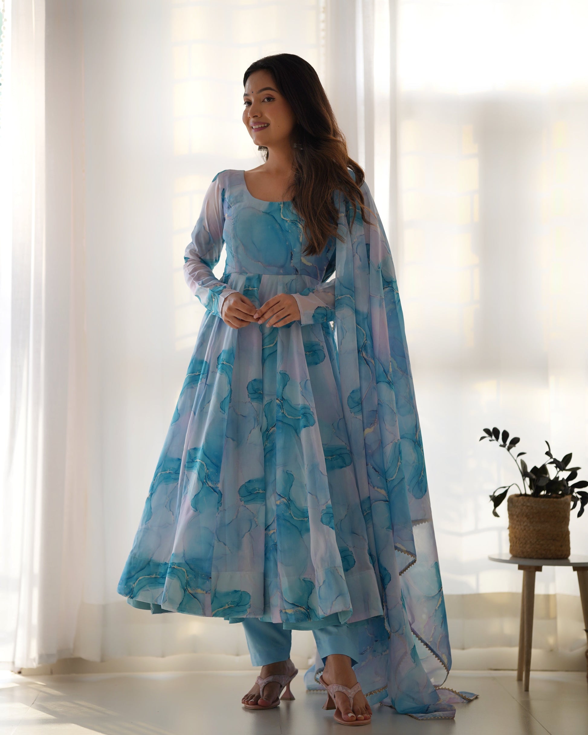 Lorenvalley Navyblue Soft Organza Silk With Marble Print Anarkali Pant With Dupatta Set 