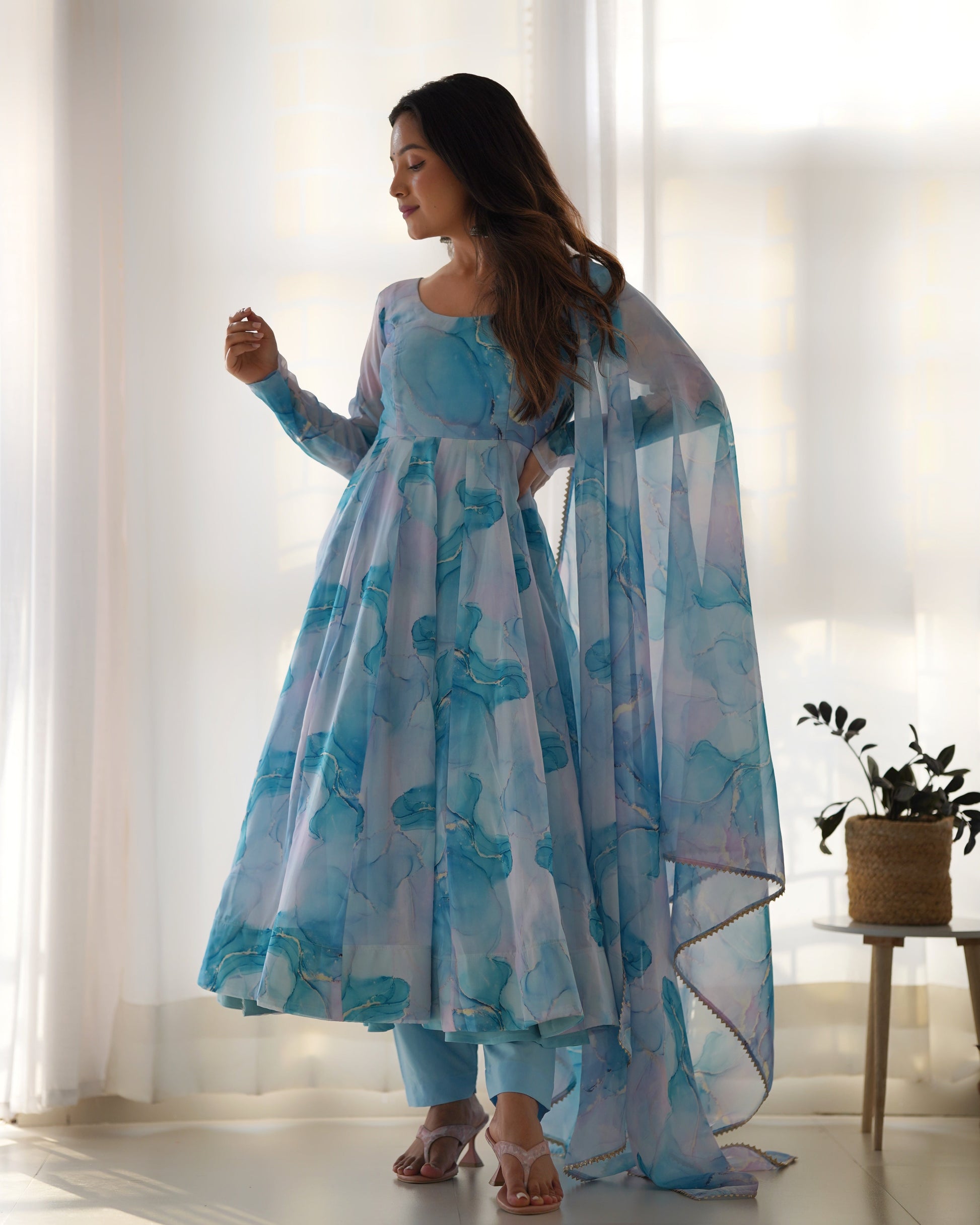 Lorenvalley Navyblue Soft Organza Silk With Marble Print Anarkali Pant With Dupatta Set 