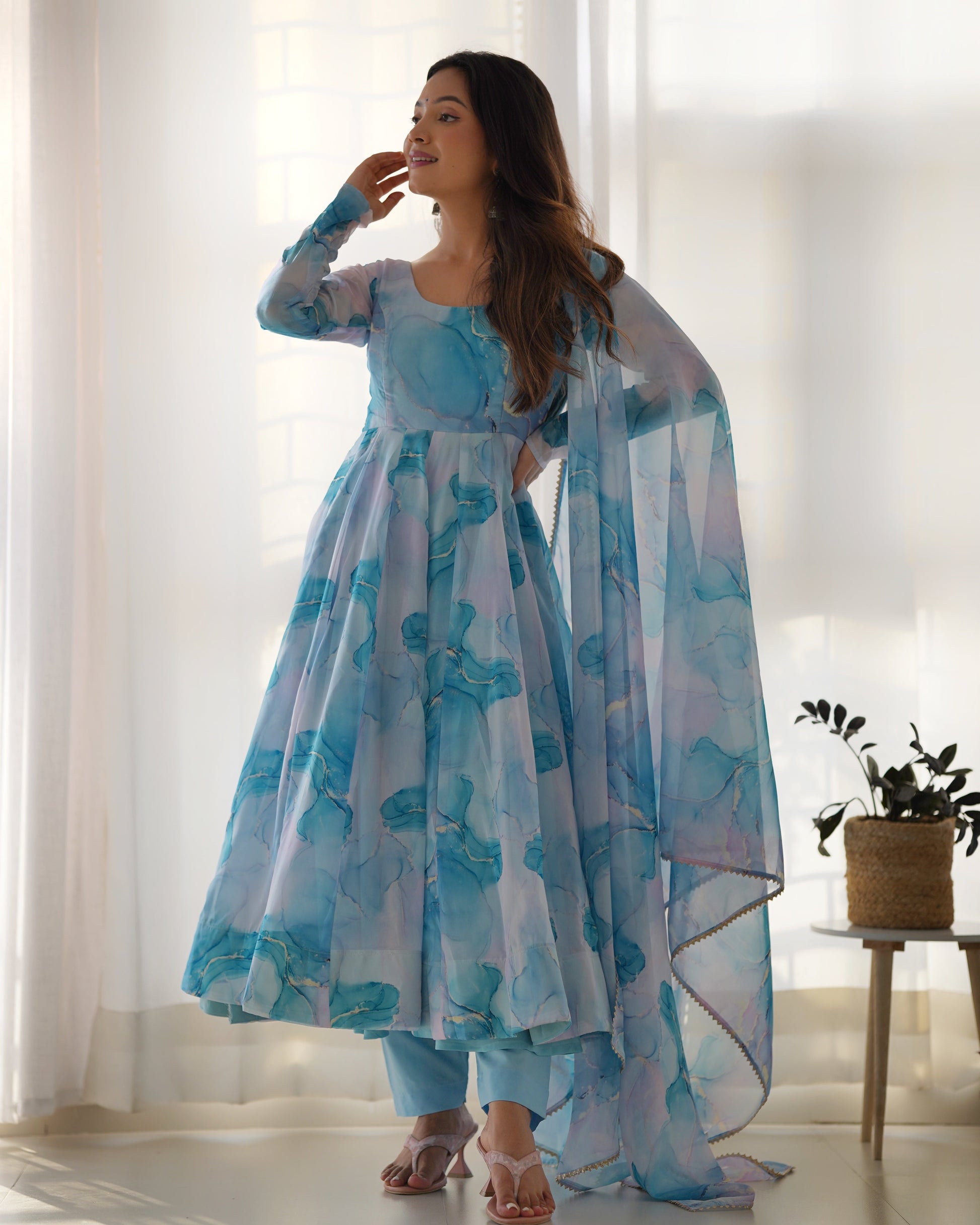 Lorenvalley Navyblue Soft Organza Silk With Marble Print Anarkali Pant With Dupatta Set 