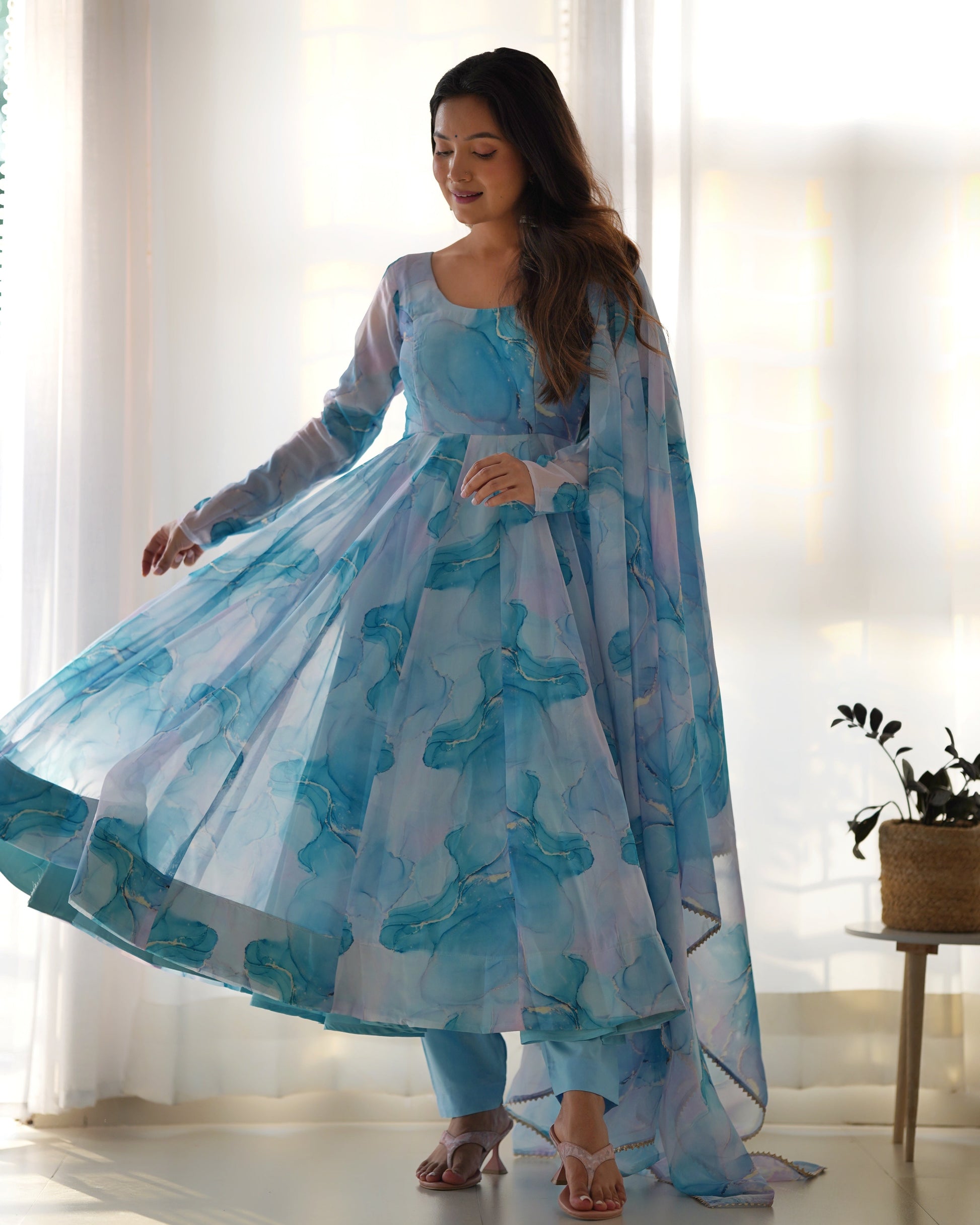 Lorenvalley Navyblue Soft Organza Silk With Marble Print Anarkali Pant With Dupatta Set 