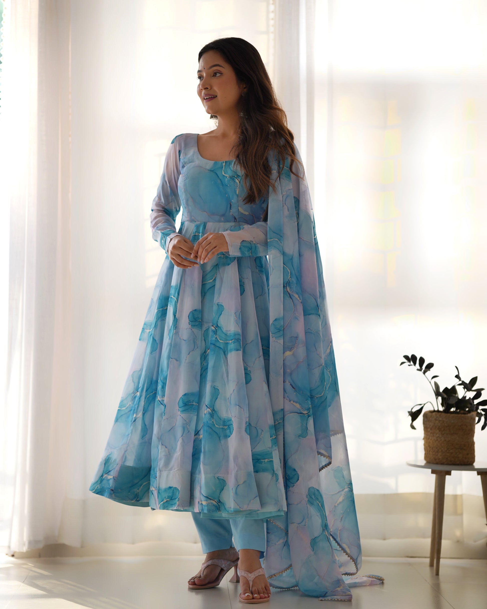 Lorenvalley Navyblue Soft Organza Silk With Marble Print Anarkali Pant With Dupatta Set 