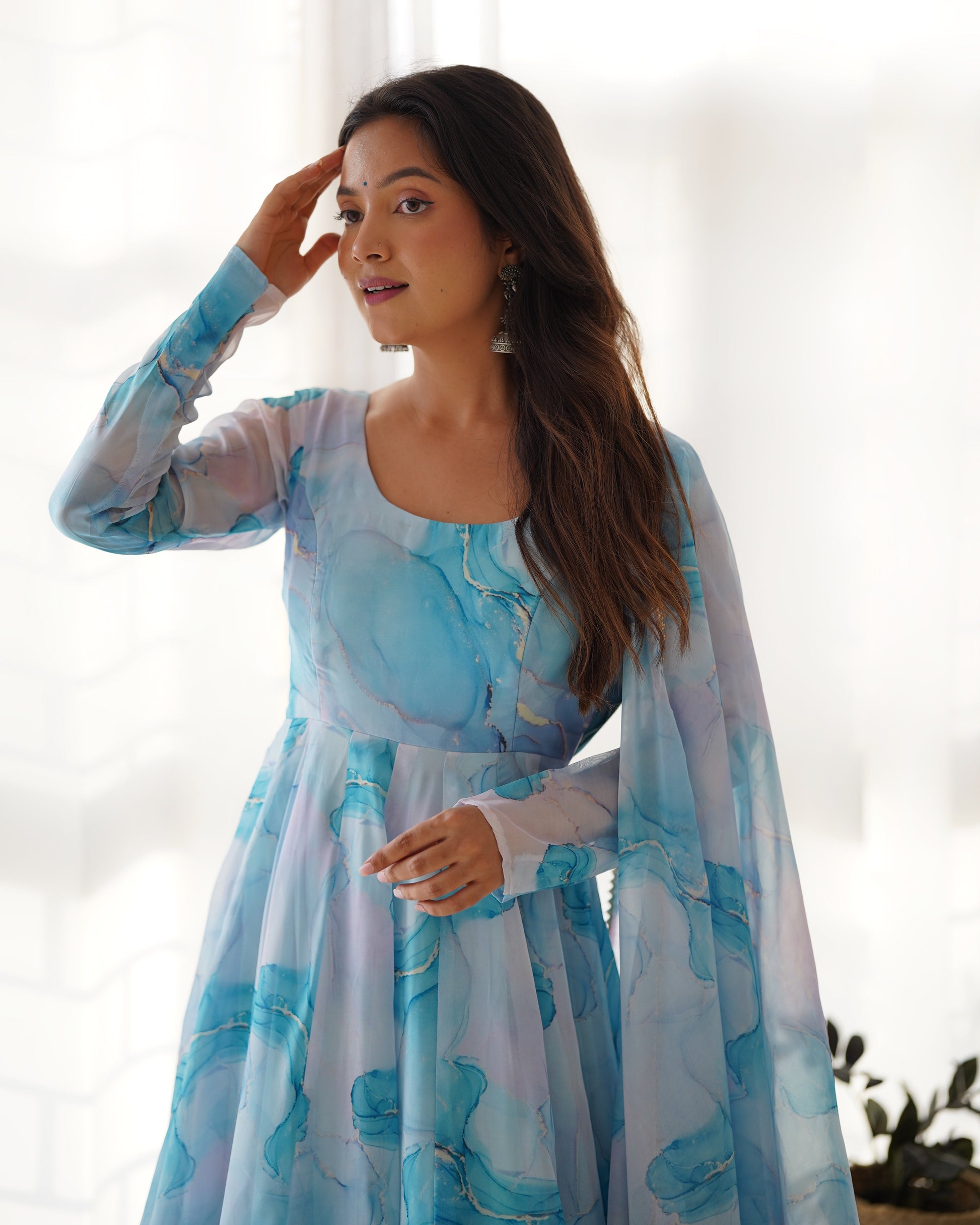 Lorenvalley Navyblue Soft Organza Silk With Marble Print Anarkali Pant With Dupatta Set 