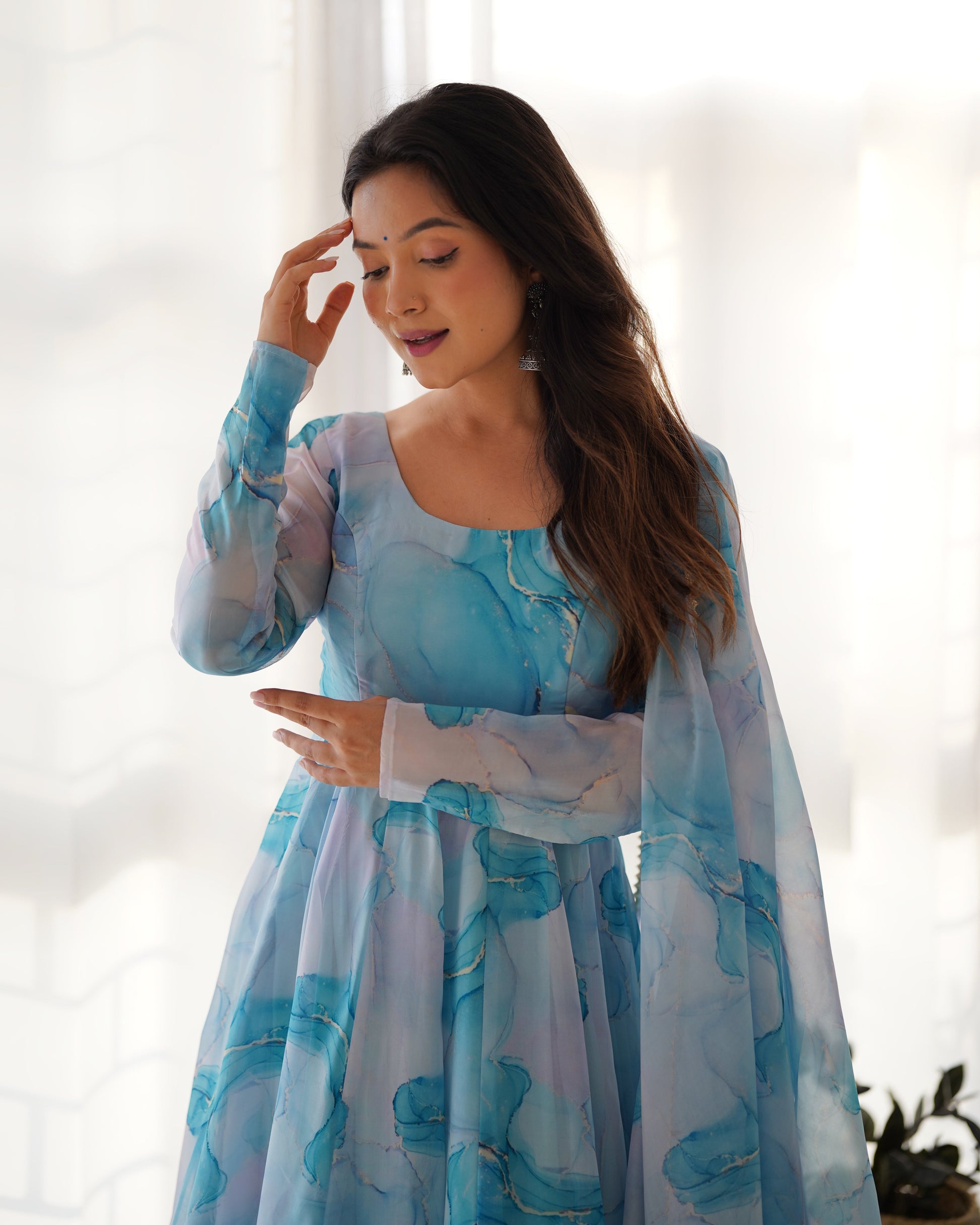 Lorenvalley Navyblue Soft Organza Silk With Marble Print Anarkali Pant With Dupatta Set 
