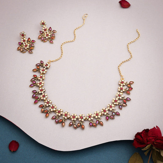 Tehzeeb Creations Gold-Polished Pink Colour Choker With Dangle Earrings