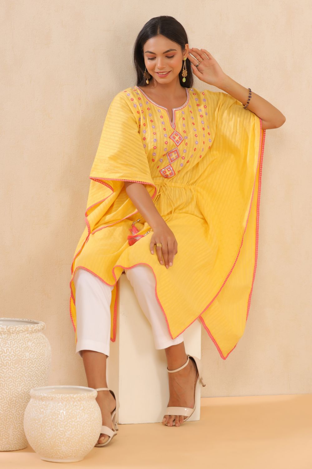 Juniper Womens Yellow Cotton Dobby Embroiderd Kaftan Kurta