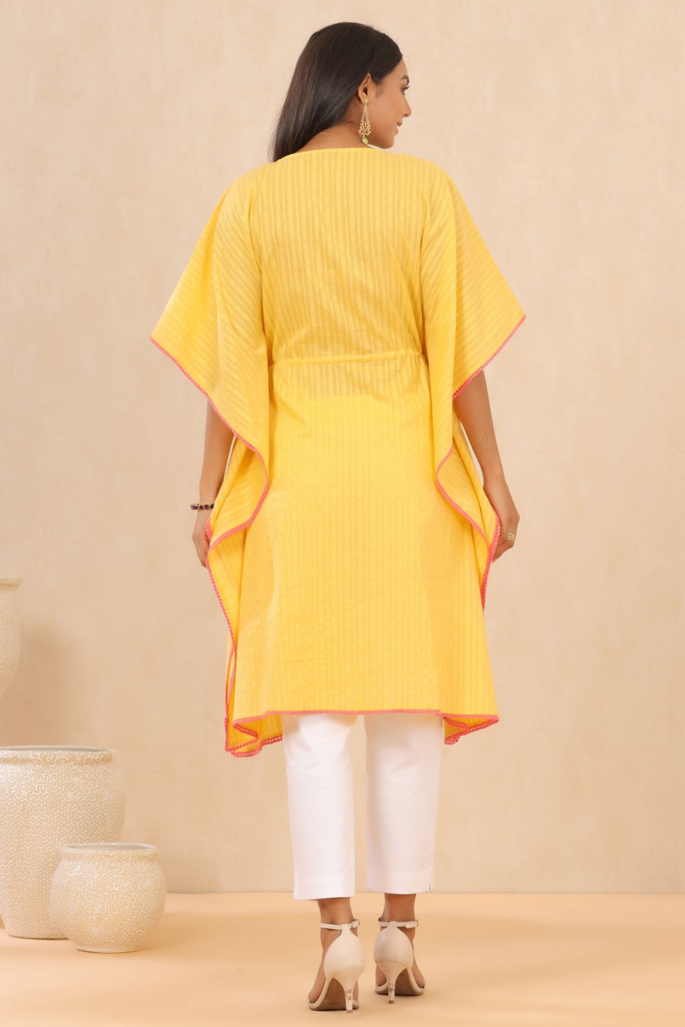 Juniper Womens Yellow Cotton Dobby Embroiderd Kaftan Kurta