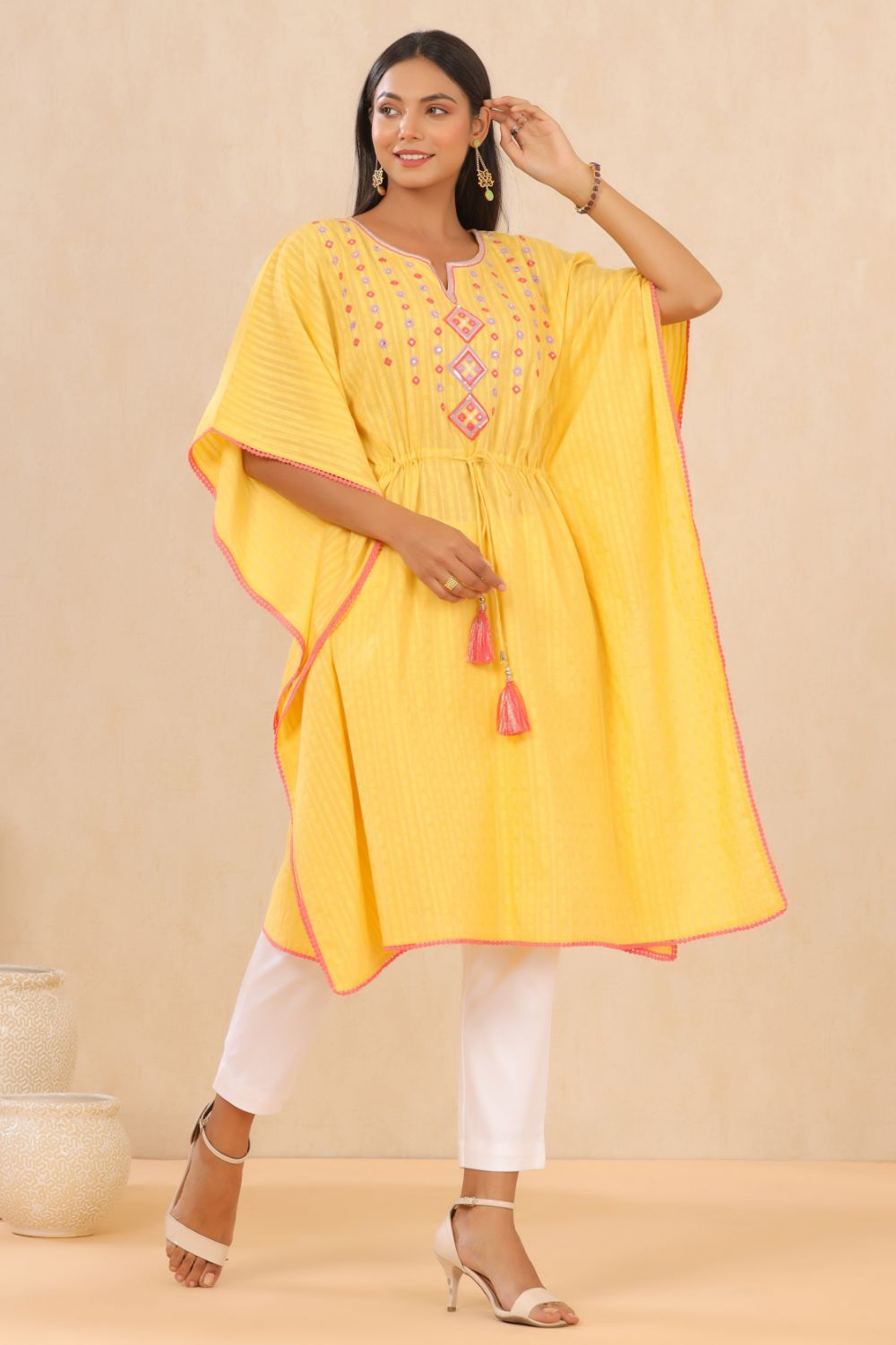 Juniper Womens Yellow Cotton Dobby Embroiderd Kaftan Kurta 