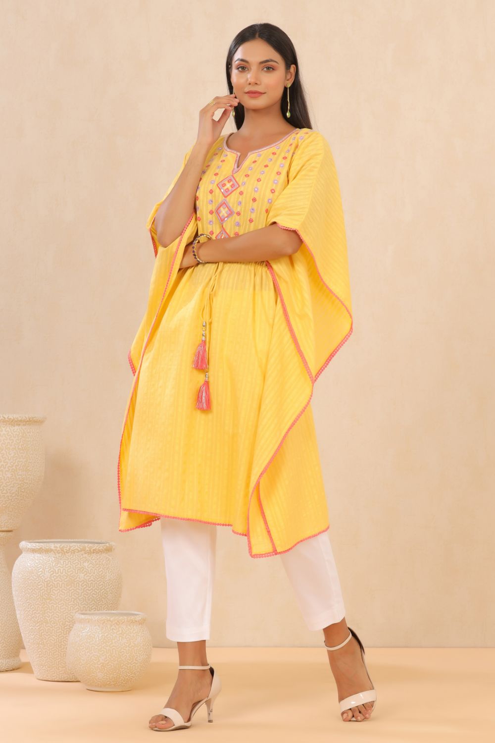 Juniper Womens Yellow Cotton Dobby Embroiderd Kaftan Kurta 