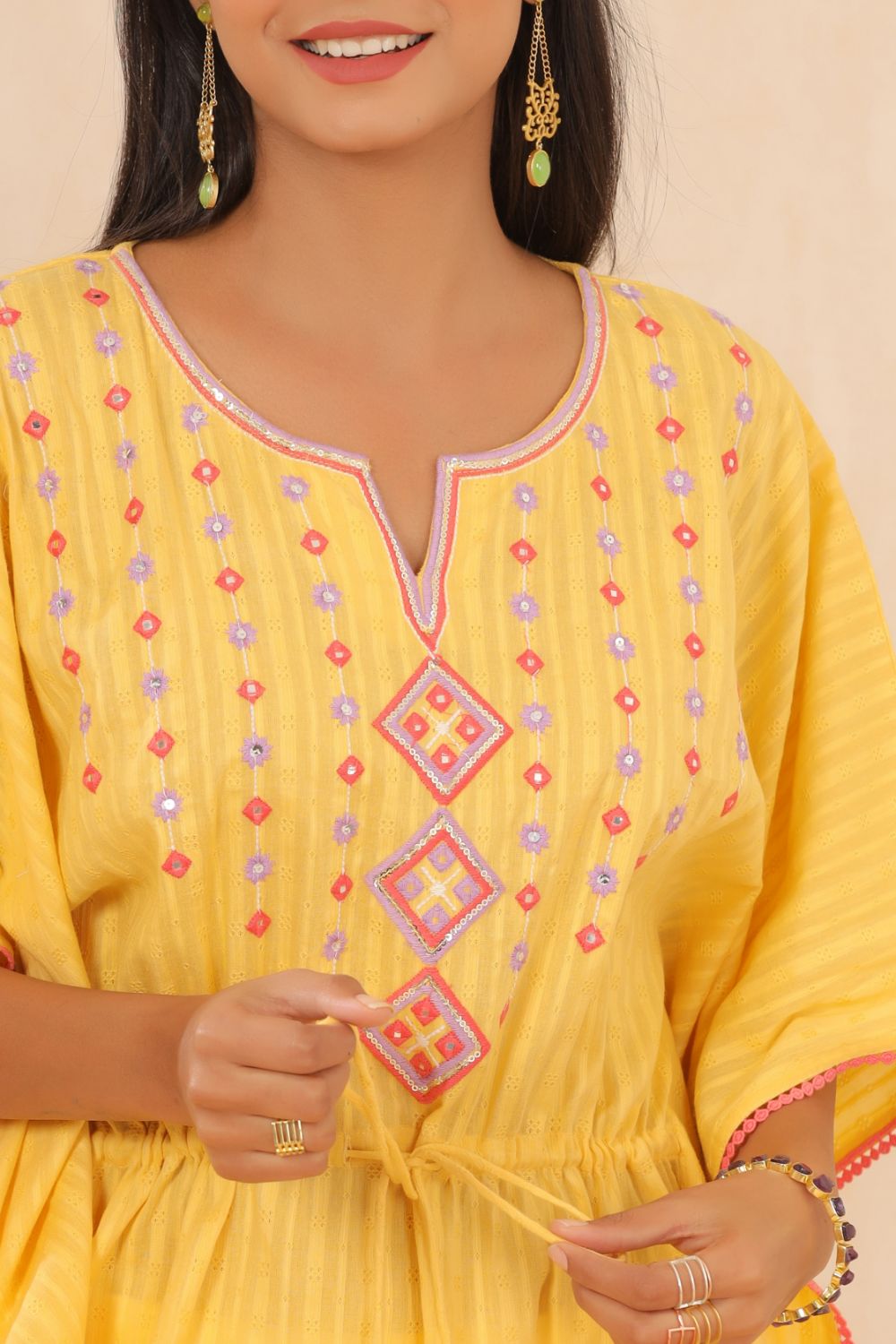 Juniper Womens Yellow Cotton Dobby Embroiderd Kaftan Kurta 