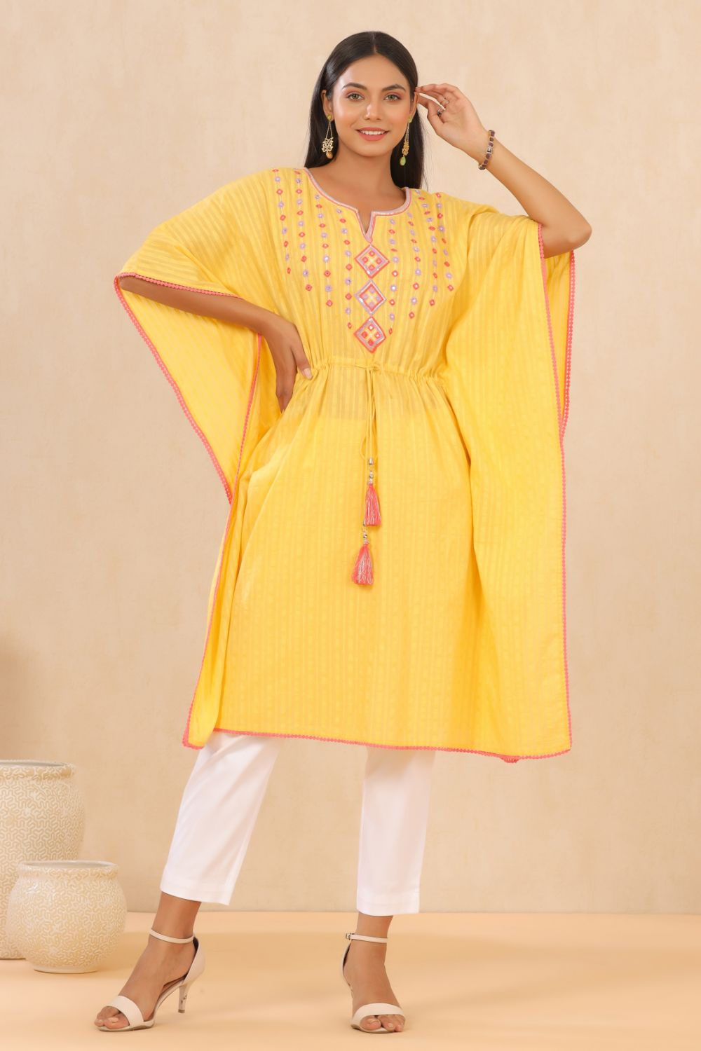 Juniper Womens Yellow Cotton Dobby Embroiderd Kaftan Kurta
