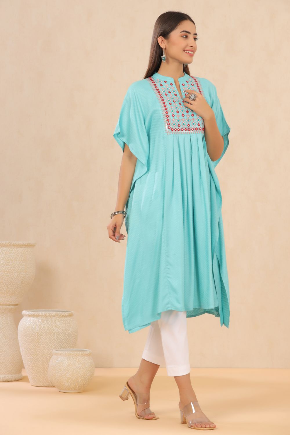 Juniper Womens Skyblue Embroiderd Rayon Dobby Kaftan 
