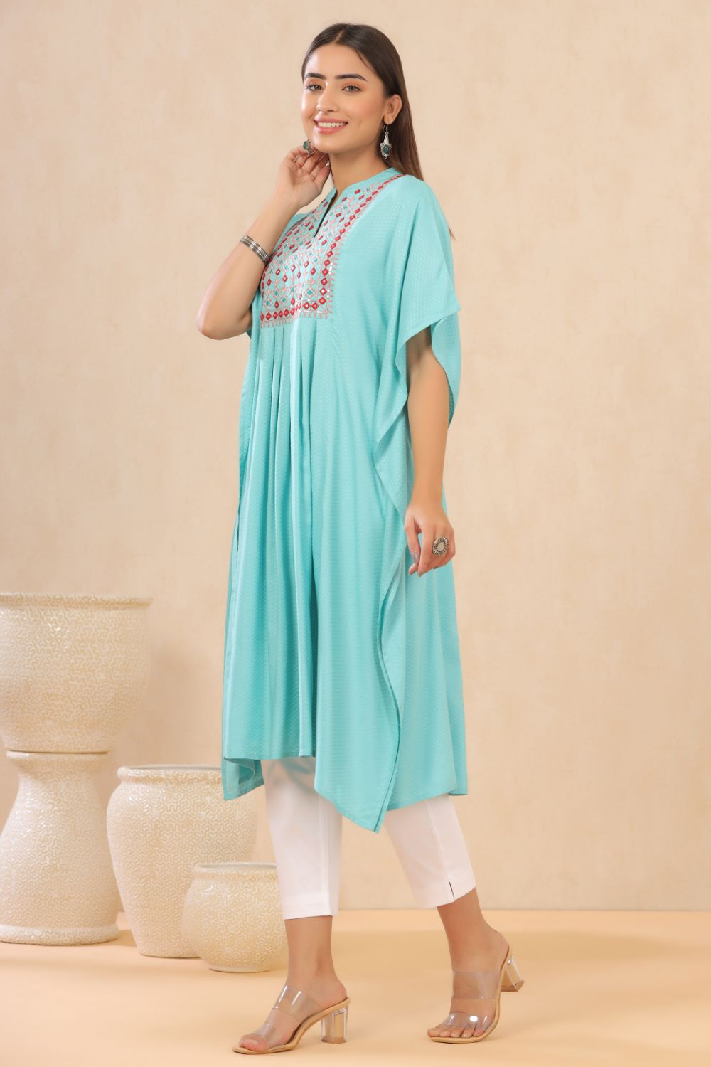 Juniper Womens Skyblue Embroiderd Rayon Dobby Kaftan 