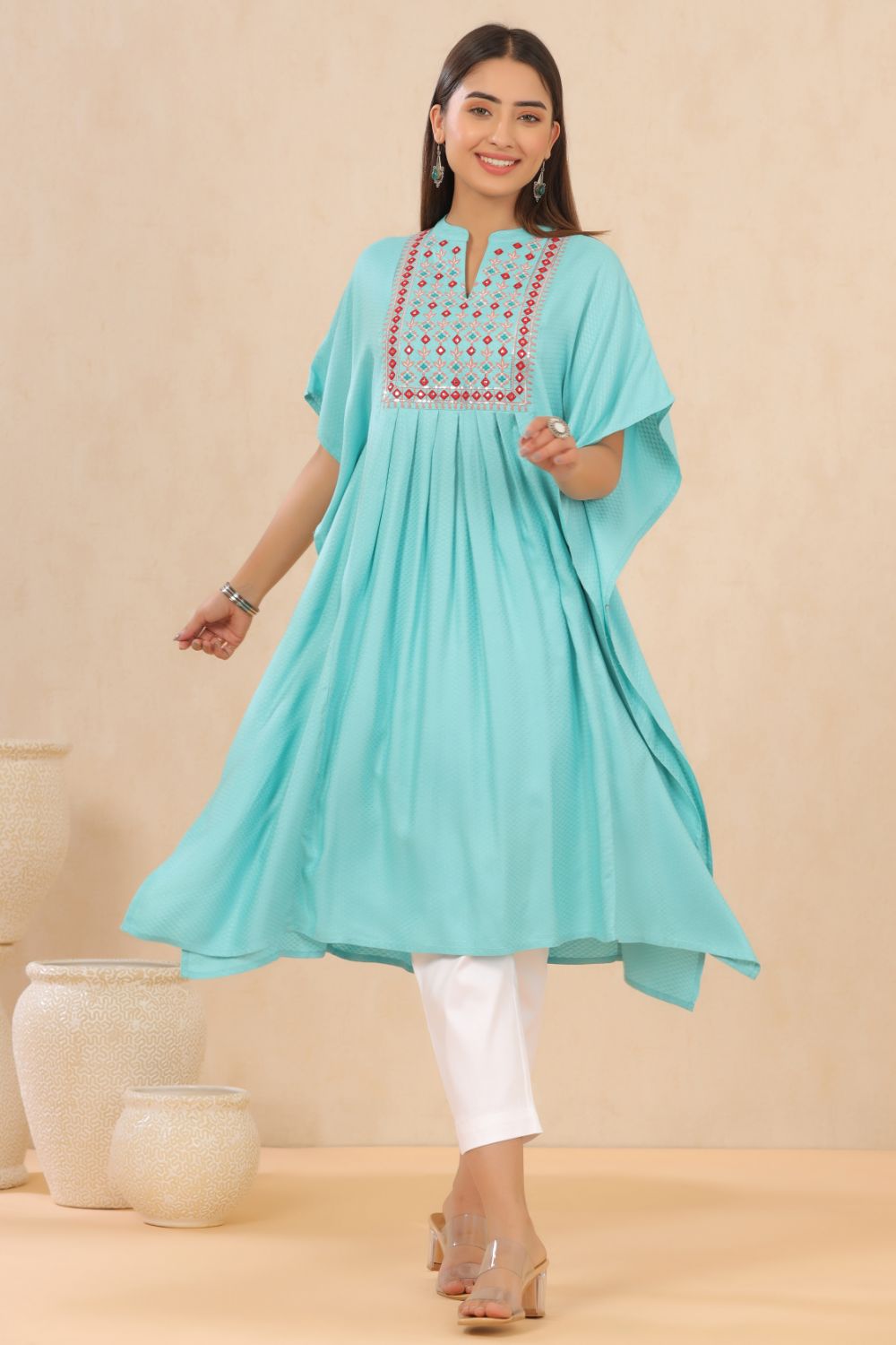 Juniper Womens Skyblue Embroiderd Rayon Dobby Kaftan 