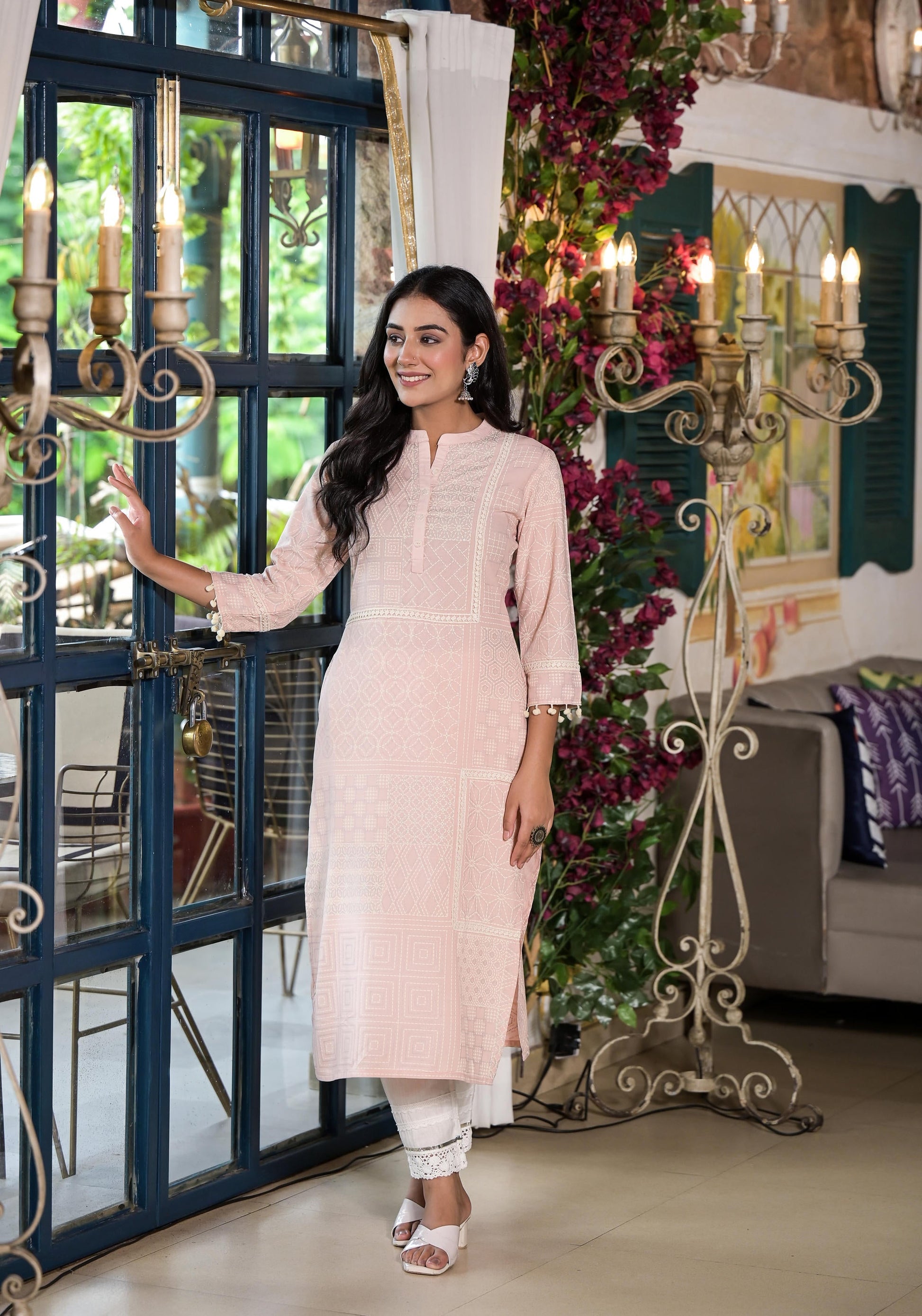 Juniper Women's Peach Ethnic Motif Printed Liva Rayon Kurta With Tassels & Buttons
