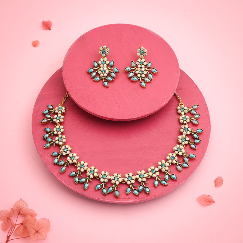 Tehzeeb Creations Gold-Polished Sky Blue Colour Choker With Dangle Earrings Tehzeeb Creations