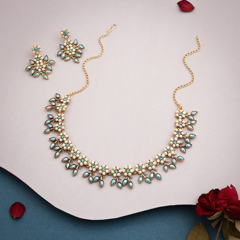 Tehzeeb Creations Gold-Polished Sky Blue Colour Choker With Dangle Earrings Tehzeeb Creations