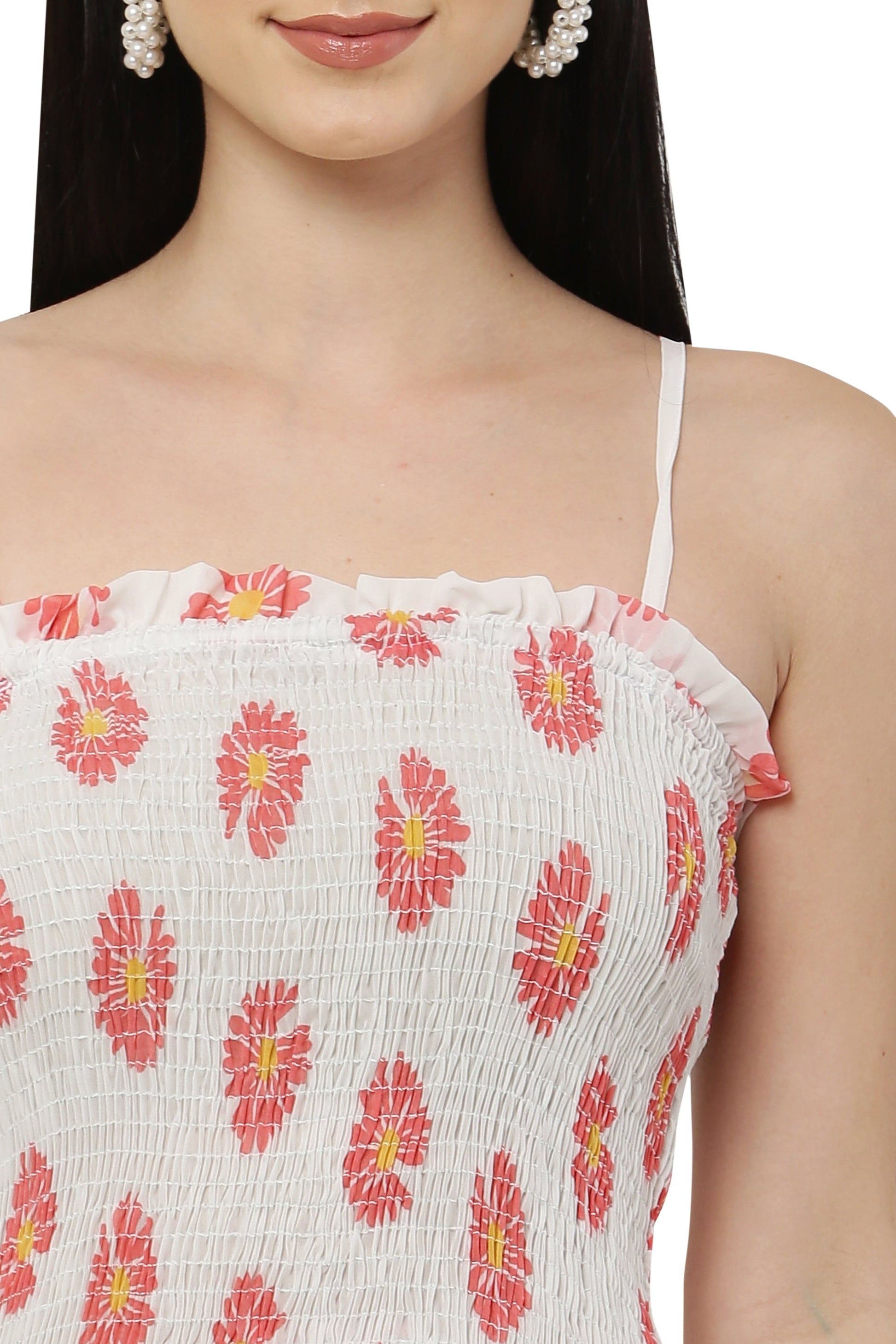 PAVONINE White Color Flower Printed Lace Bottom Dress For Women