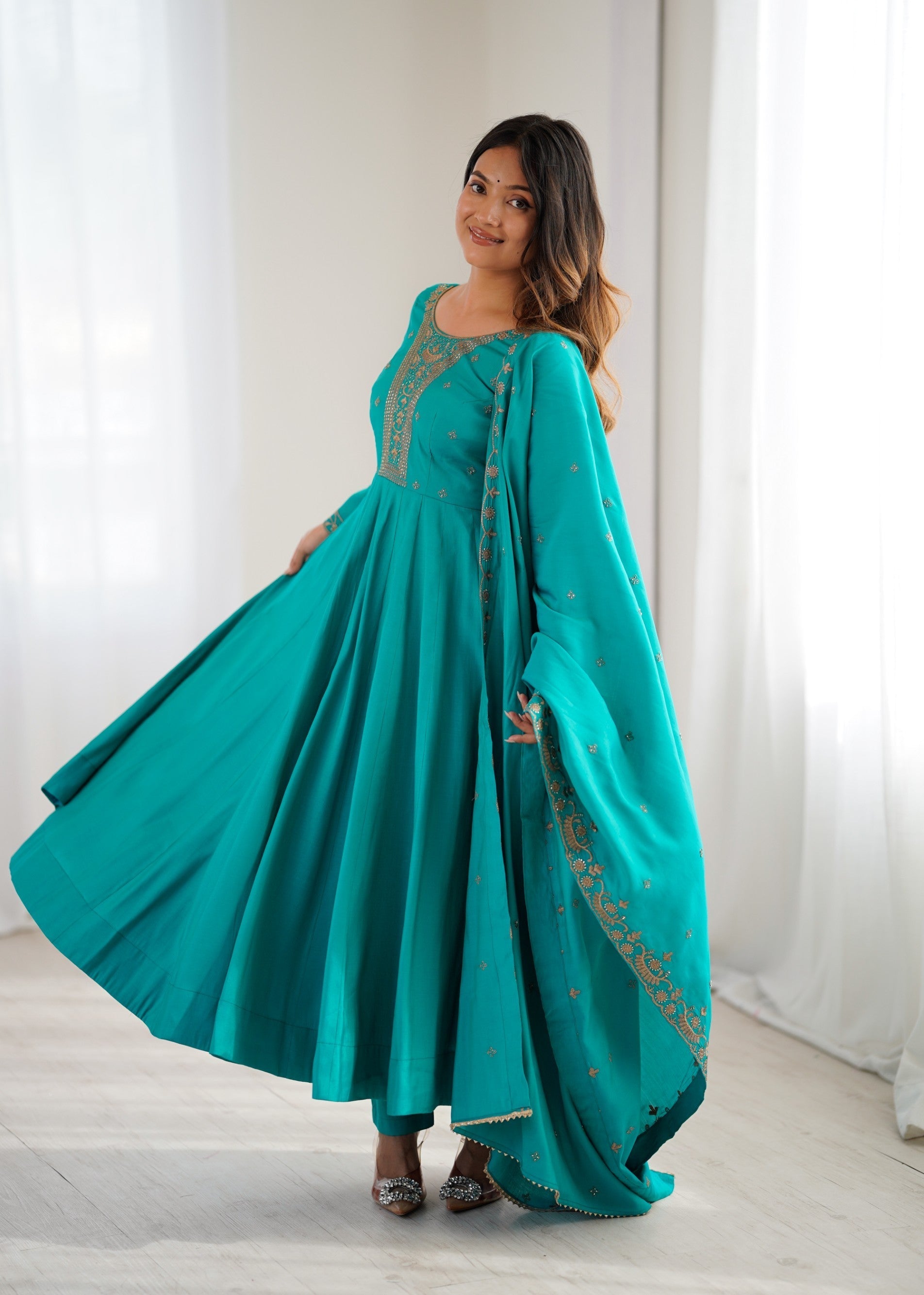 Lorenvalley Fashion Rama Roman Shimmer Silk Yoke Fancy Handwork Beads Work Anarkali Gown Pant With Dupatta Set 