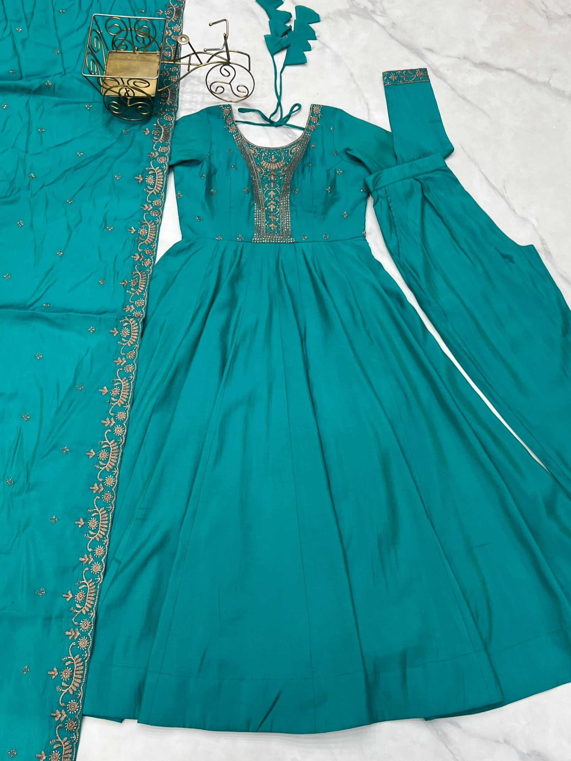 Lorenvalley Fashion Rama Roman Shimmer Silk Yoke Fancy Handwork Beads Work Anarkali Gown Pant With Dupatta Set 